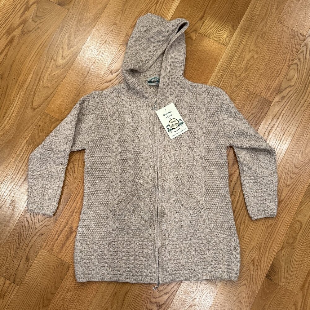 NWT Aran Crafts Irish-Knit Merino Wool Sweater, Full-Zip, Long, Beige